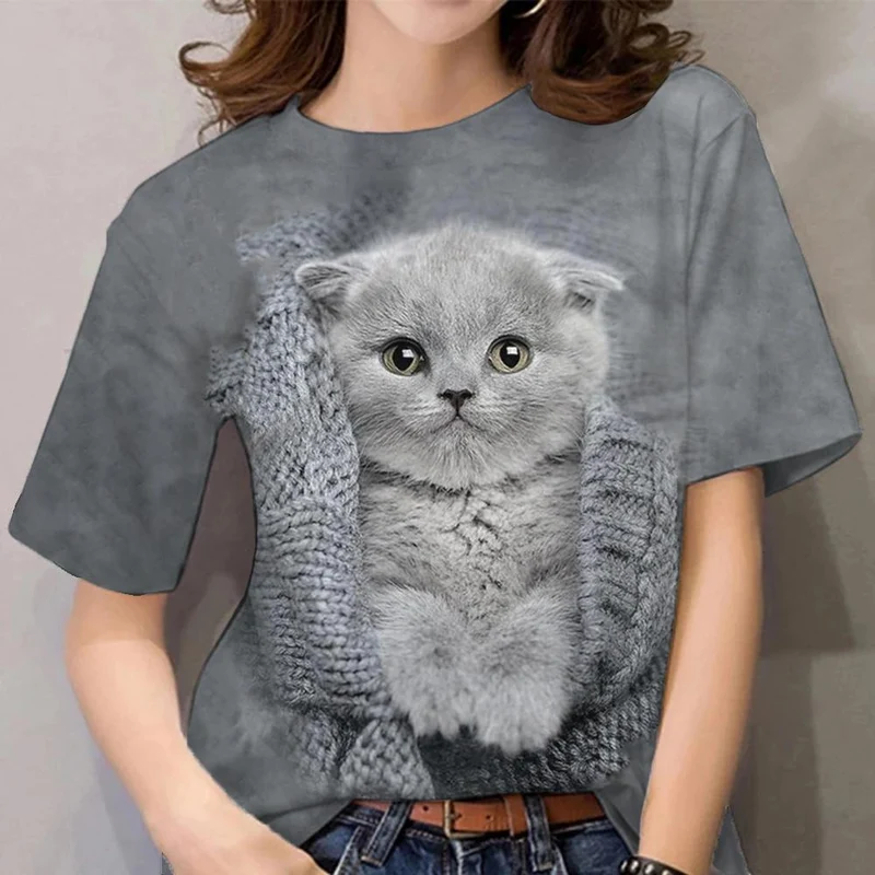 Damen Sommer Top 3D Katzen T-Shirt Rundhals Streetwear lockeres Damentop