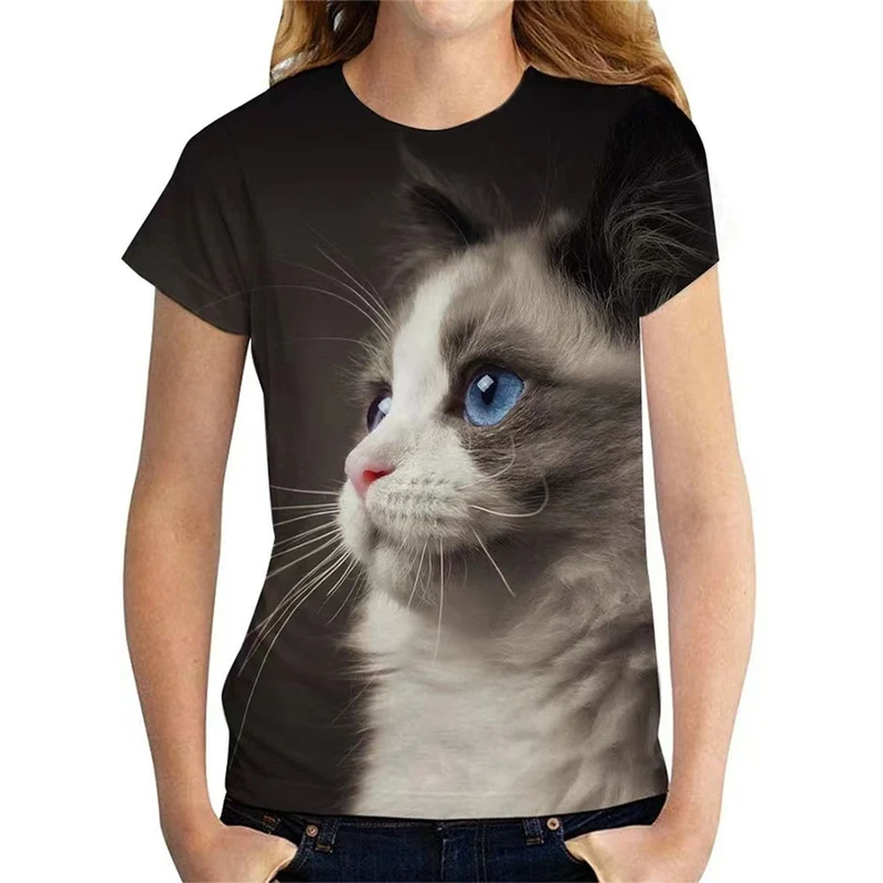 Damen Sommer Top 3D Katzen T-Shirt Rundhals Streetwear lockeres Damentop