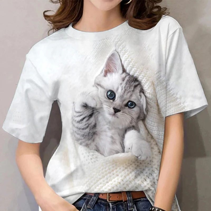 Damen Sommer Top 3D Katzen T-Shirt Rundhals Streetwear lockeres Damentop