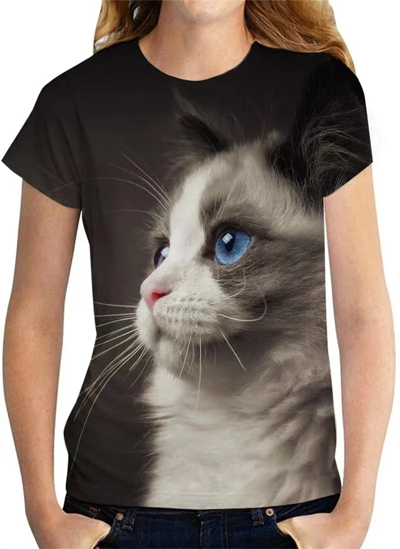 Damen Sommer Top 3D Katzen T-Shirt Rundhals Streetwear lockeres Damentop