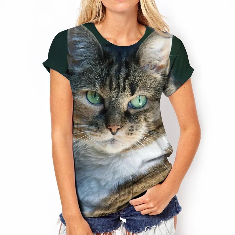 Damen Sommer Top 3D Katzen T-Shirt Rundhals Streetwear lockeres Damentop