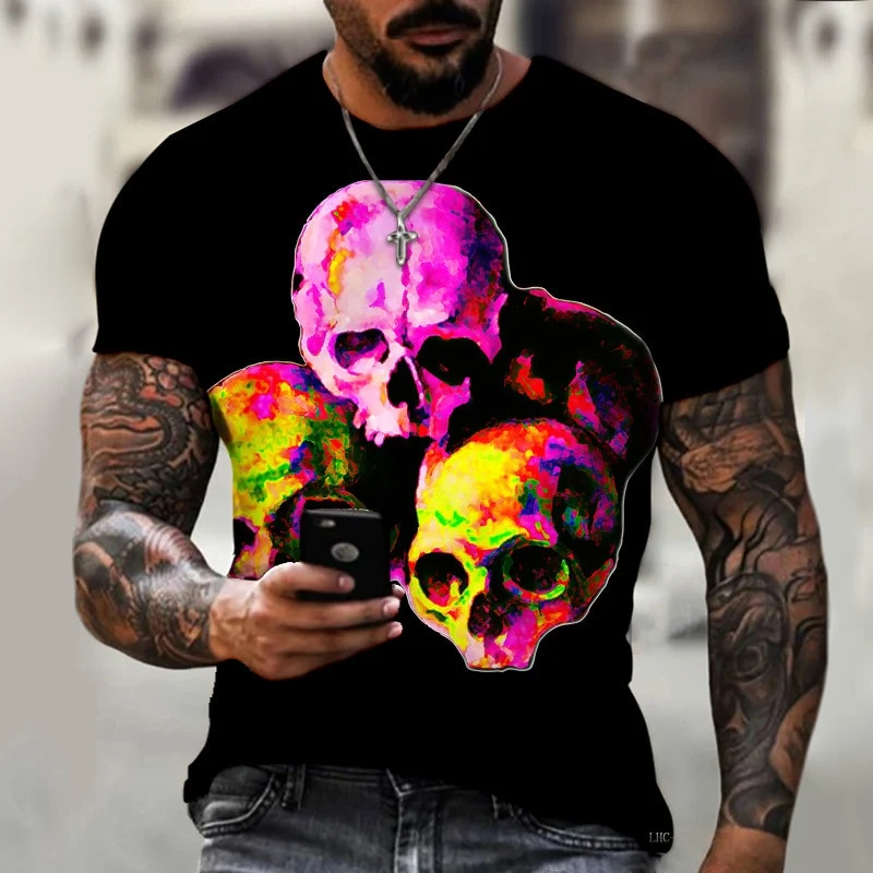 Fashion Herren Horror Skull 3D T-Shirt Rundhals Unisex Sommer Streetwear