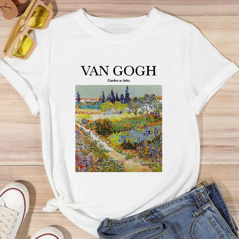 Damen Sommer Top Van Gogh T-Shirt Rundhals Streetwear lockeres Damentop