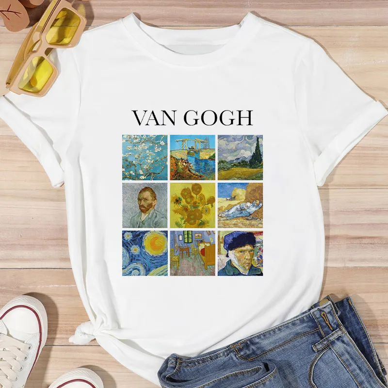 Damen Sommer Top Van Gogh T-Shirt Rundhals Streetwear lockeres Damentop