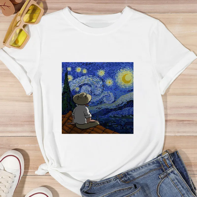 Damen Sommer Top Van Gogh T-Shirt Rundhals Streetwear lockeres Damentop