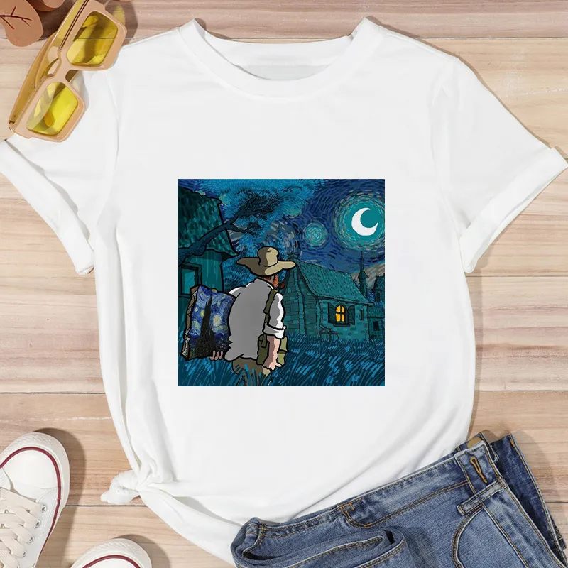 Damen Sommer Top Van Gogh T-Shirt Rundhals Streetwear lockeres Damentop