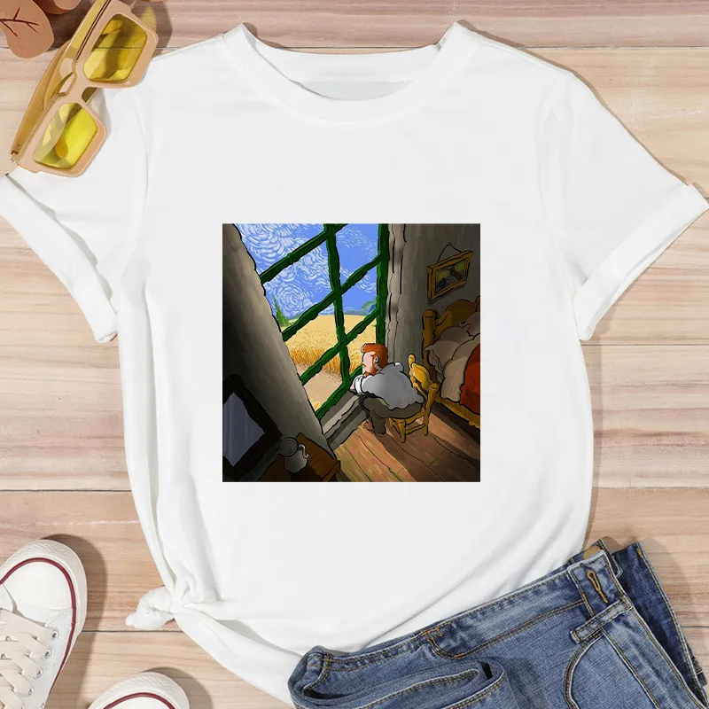 Damen Sommer Top Van Gogh T-Shirt Rundhals Streetwear lockeres Damentop