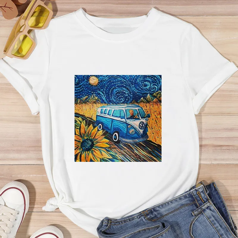 Damen Sommer Top Van Gogh T-Shirt Rundhals Streetwear lockeres Damentop