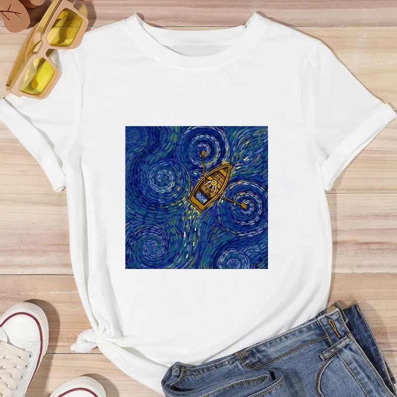 Damen Sommer Top Van Gogh T-Shirt Rundhals Streetwear lockeres Damentop