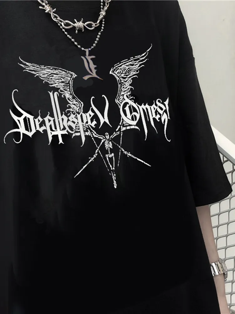 Damen Sommer Top Gothic Punk T-Shirt Rundhals Streetwear lockeres Damentop