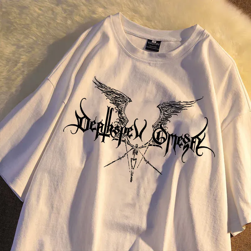 Damen Sommer Top Gothic Punk T-Shirt Rundhals Streetwear lockeres Damentop