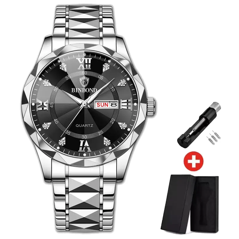 Herren Armbanduhr Silber Schwarz Edelstahl Quarzuhr Luxus Chronograph Business