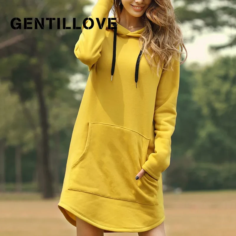 Damen Kapuzenpullover Minikleid Hoodie Sweatshirt Longtops Tunika Jumper Kleid