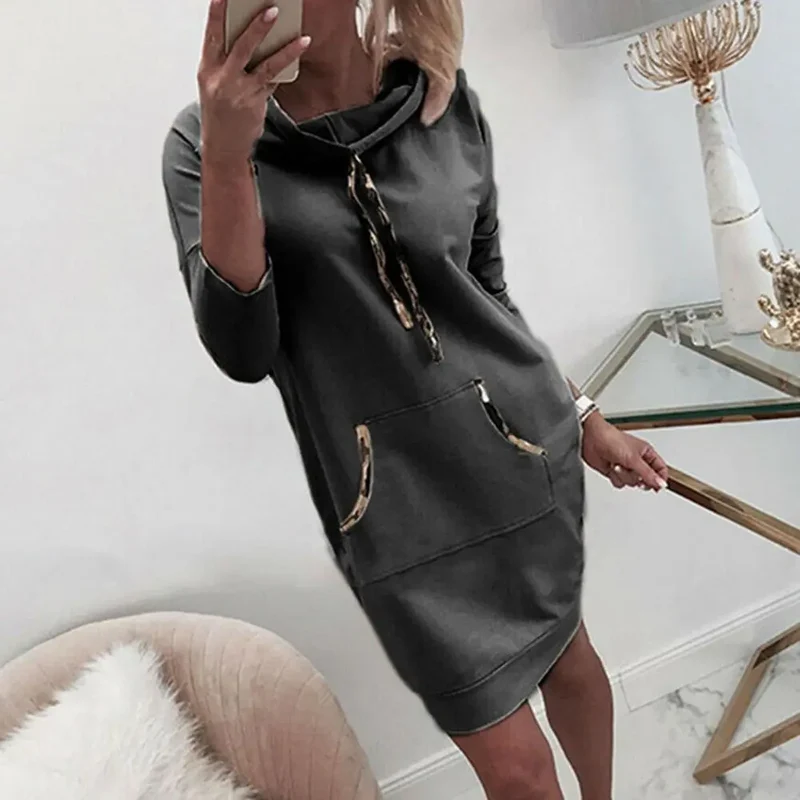 Damen Kapuzenpullover Minikleid Hoodie Sweatshirt Longtops Tunika Jumper Kleid