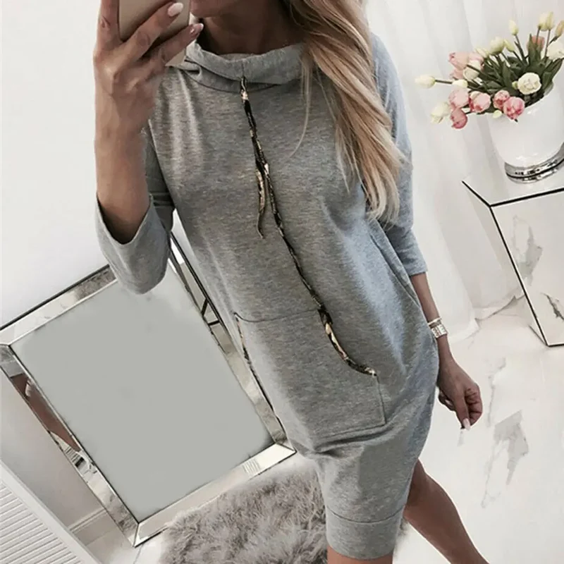 Damen Kapuzenpullover Minikleid Hoodie Sweatshirt Longtops Tunika Jumper Kleid