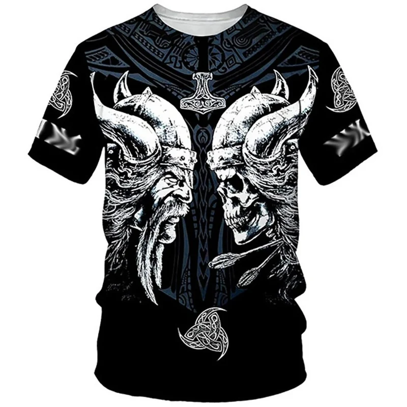 Herren Fashion Vintage 3D T-Shirt Rundhals Unisex Sommer Vikings Streetwear