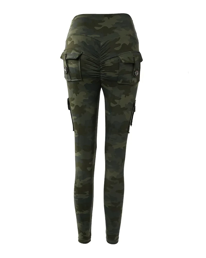Damen Leggings Leggins mit Taschen Sport Hose Camouflage Push Up Fitness Gym Stretch
