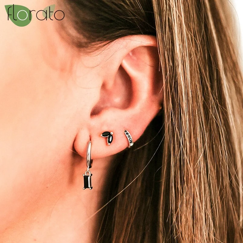 1 Paar Creolen aus 925 sterling Silber Schwarz Ohrringe Zirkonia Ohrstecker