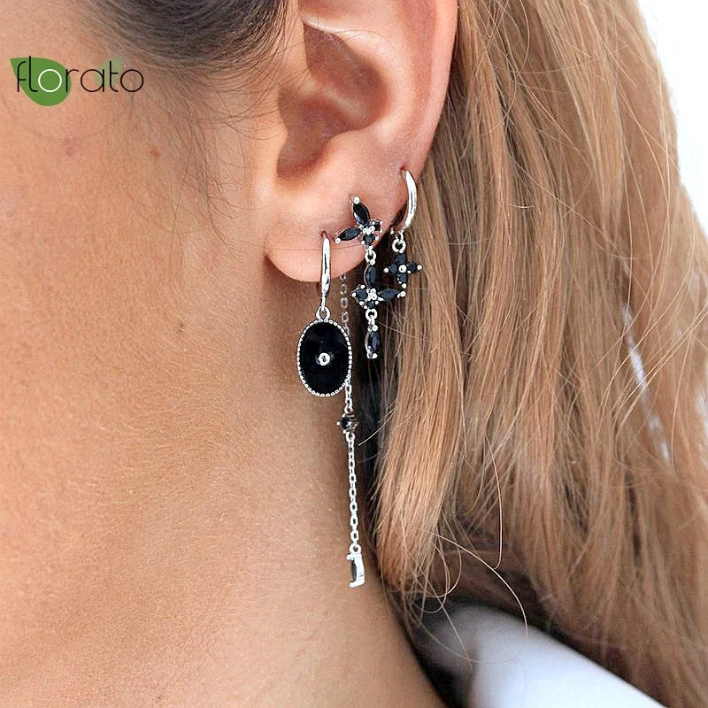 1 Paar Creolen aus 925 sterling Silber Schwarz Ohrringe Zirkonia Ohrstecker