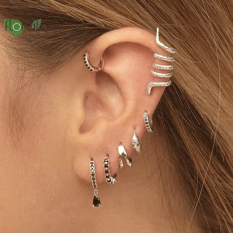 1 Paar Creolen aus 925 sterling Silber Schwarz Ohrringe Zirkonia Ohrstecker
