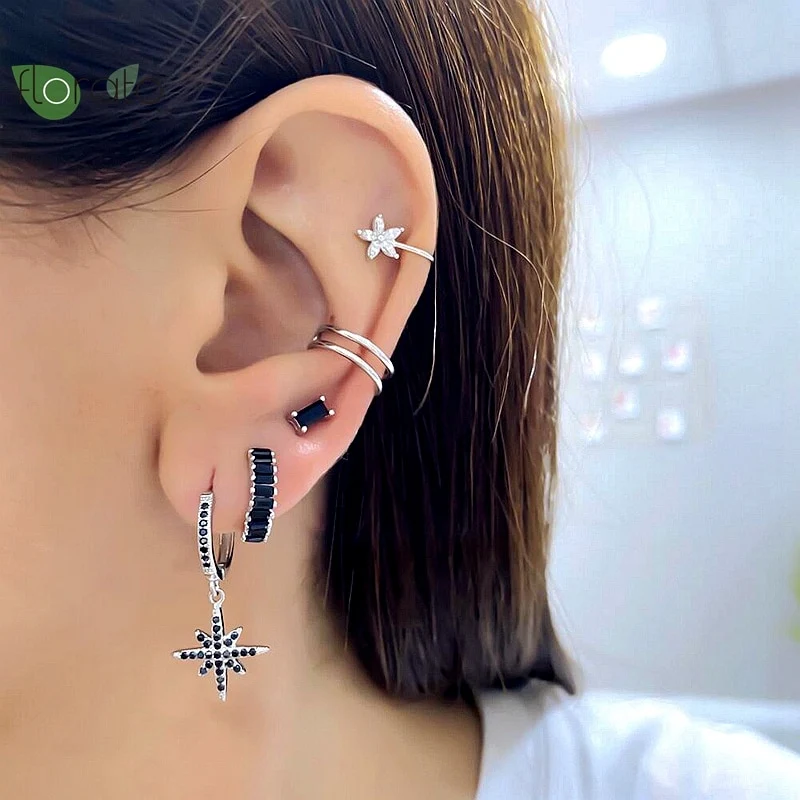 1 Paar Creolen aus 925 sterling Silber Schwarz Ohrringe Zirkonia Ohrstecker