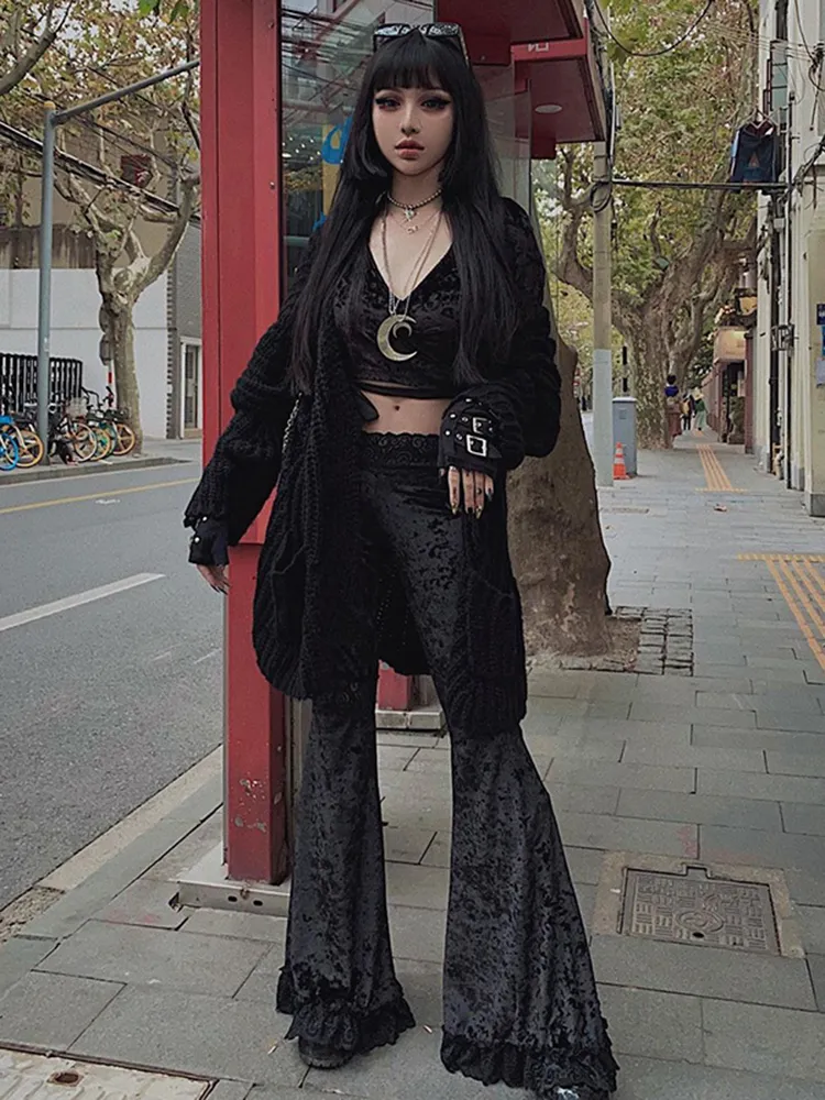 Damen Punk Gothic Hose Bootcut Hüftjeans Schlaghose Hip Retro Flared Leggins