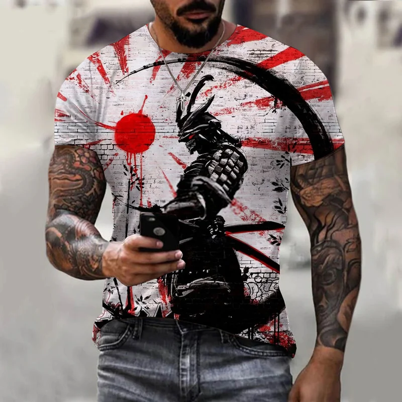 Herren Japan Samurai 3D T-Shirt Rundhals Unisex Sommer Streetwear