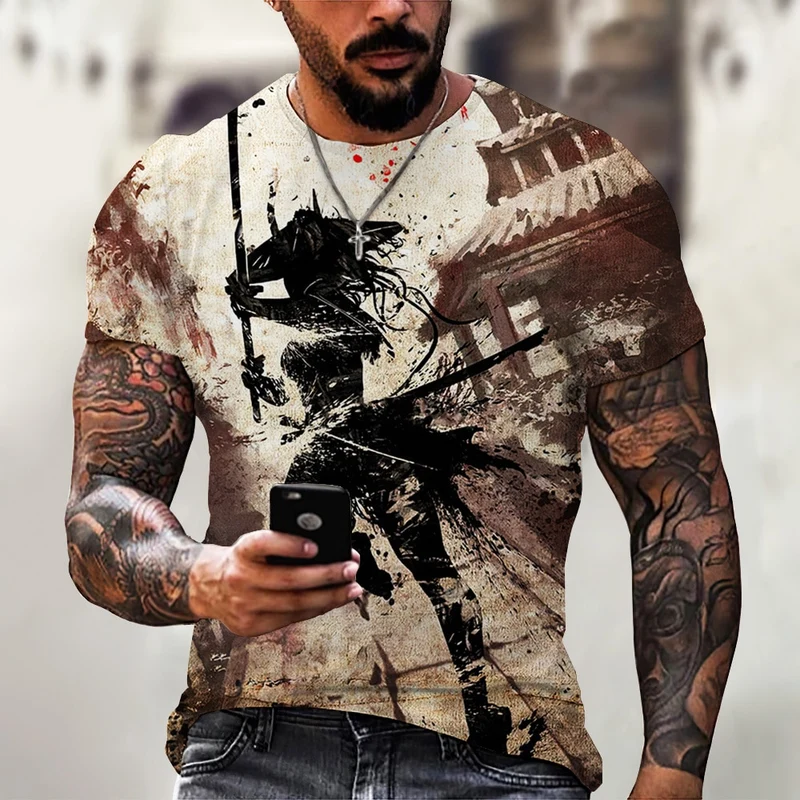 Herren Japan Samurai 3D T-Shirt Rundhals Unisex Sommer Streetwear