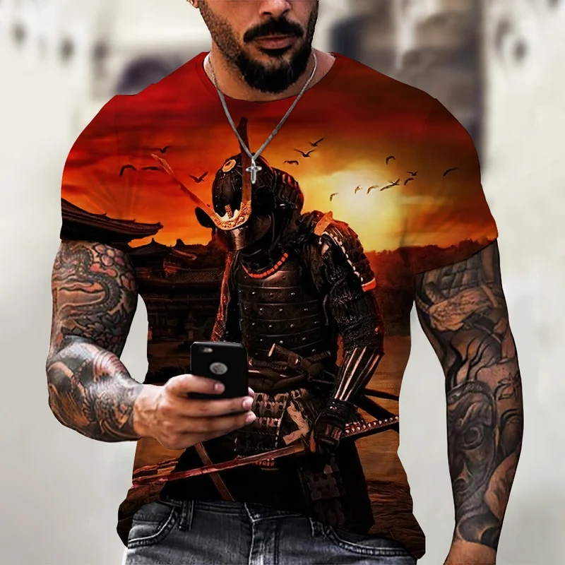 Herren Japan Samurai 3D T-Shirt Rundhals Unisex Sommer Streetwear