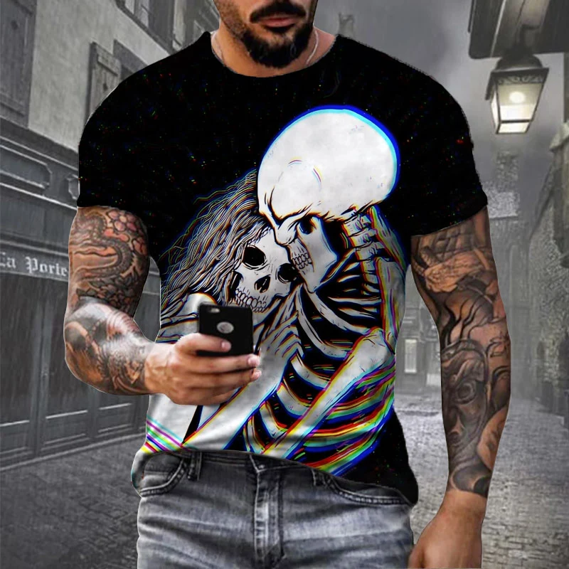 Herren Horror Skulls 3D T-Shirt Rundhals Unisex Sommer Streetwear Motorcycle