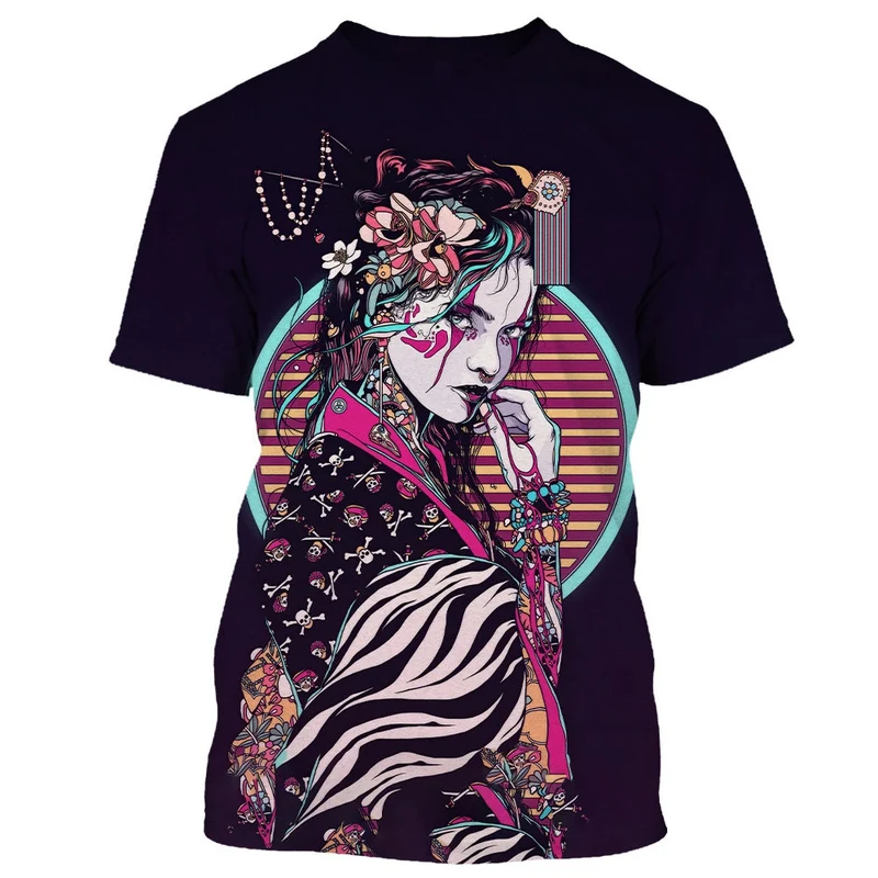 Herren Japan Geisha 3D T-Shirt Rundhals Unisex Sommer Streetwear