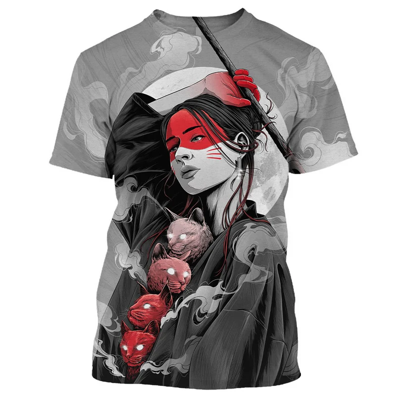 Herren Japan Geisha 3D T-Shirt Rundhals Unisex Sommer Streetwear