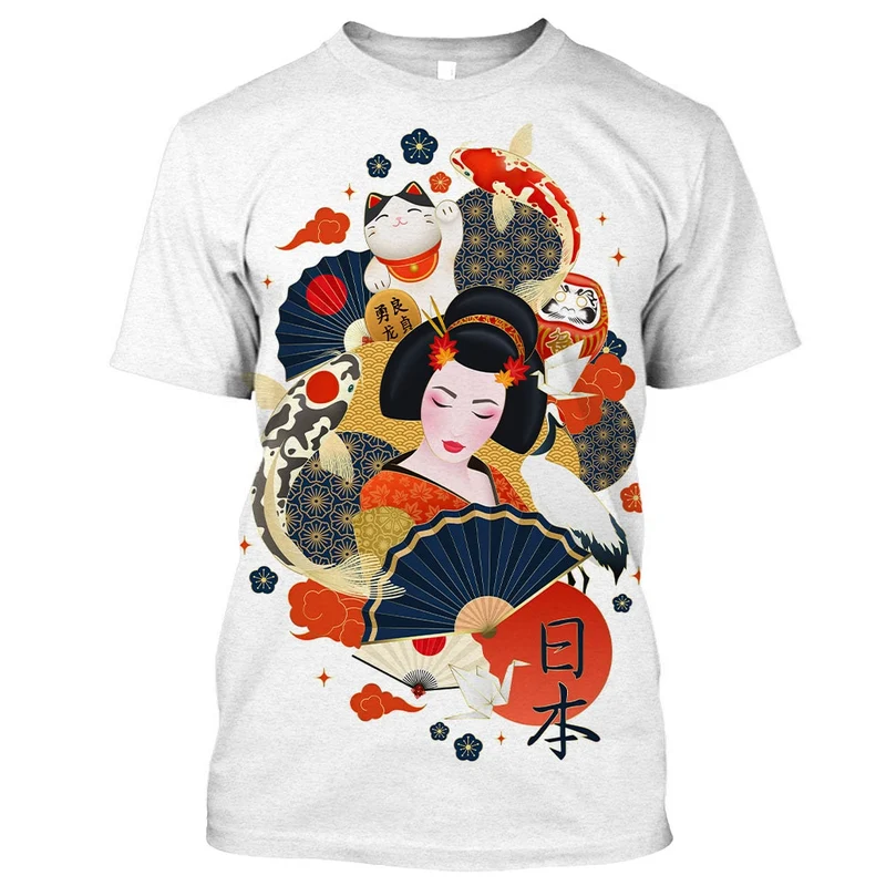 Herren Japan Geisha 3D T-Shirt Rundhals Unisex Sommer Streetwear