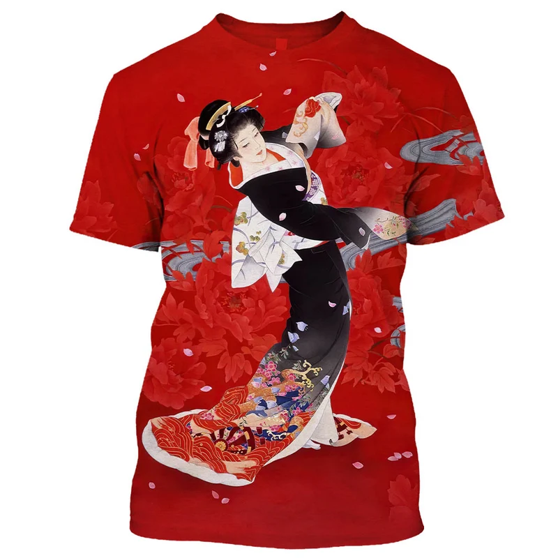Herren Japan Geisha 3D T-Shirt Rundhals Unisex Sommer Streetwear