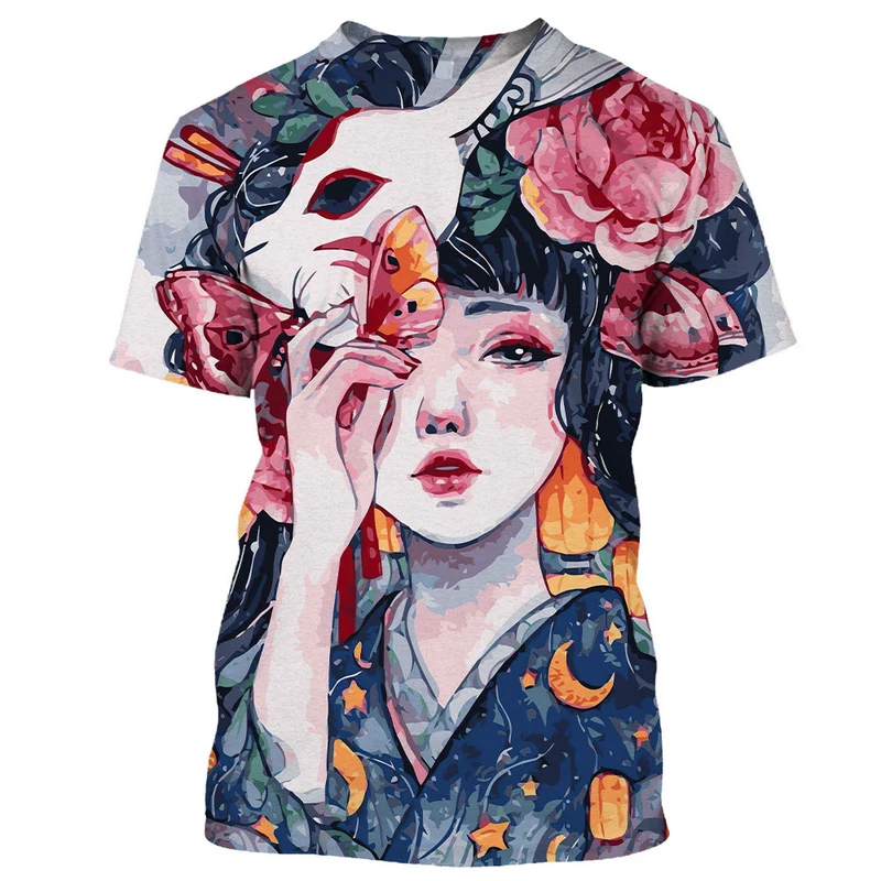 Herren Japan Geisha 3D T-Shirt Rundhals Unisex Sommer Streetwear