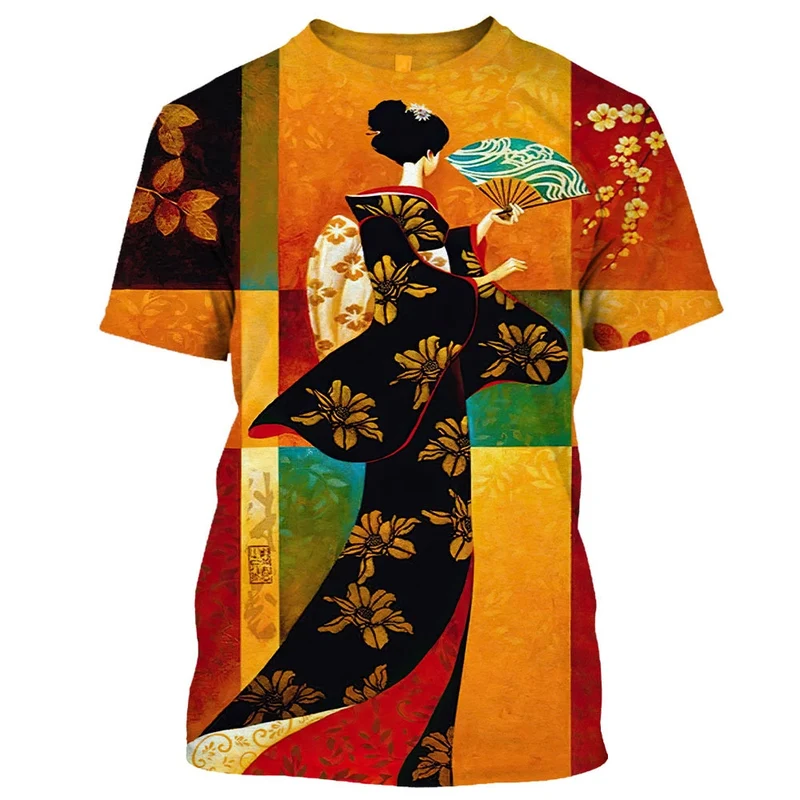 Herren Japan Geisha 3D T-Shirt Rundhals Unisex Sommer Streetwear