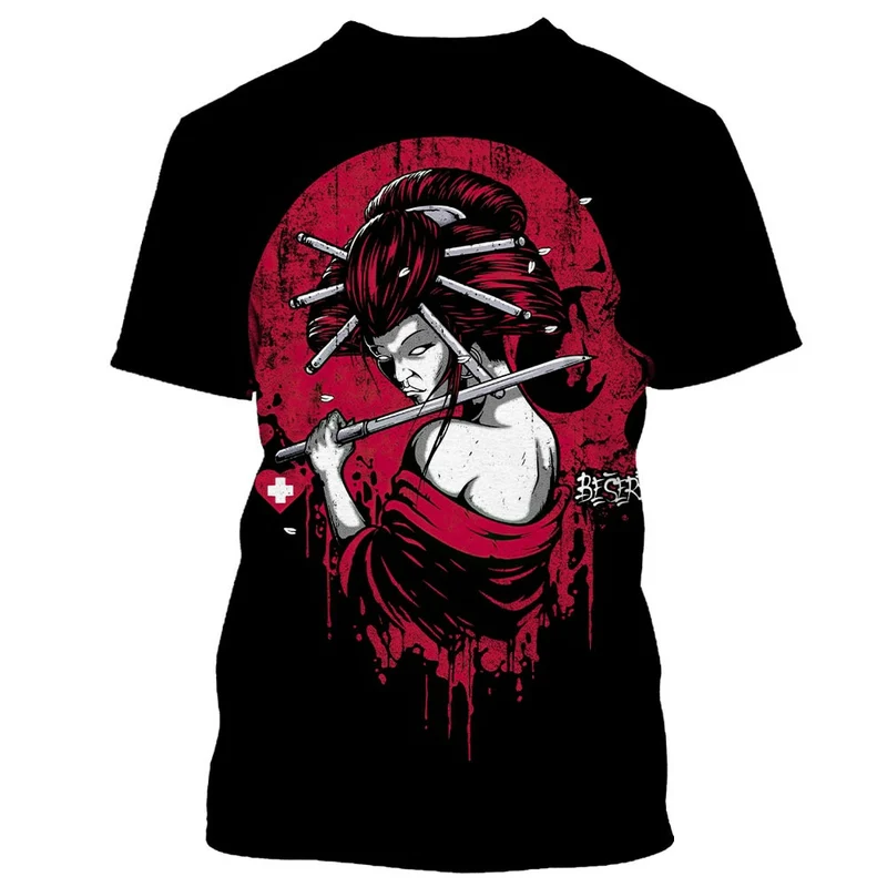 Herren Japan Geisha 3D T-Shirt Rundhals Unisex Sommer Streetwear