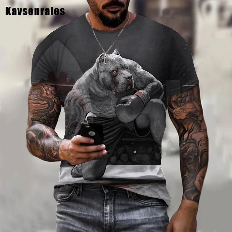 Fashion Herren Boxing Dog 3D T-Shirt Rundhals Unisex Men Fight Club Streetwear