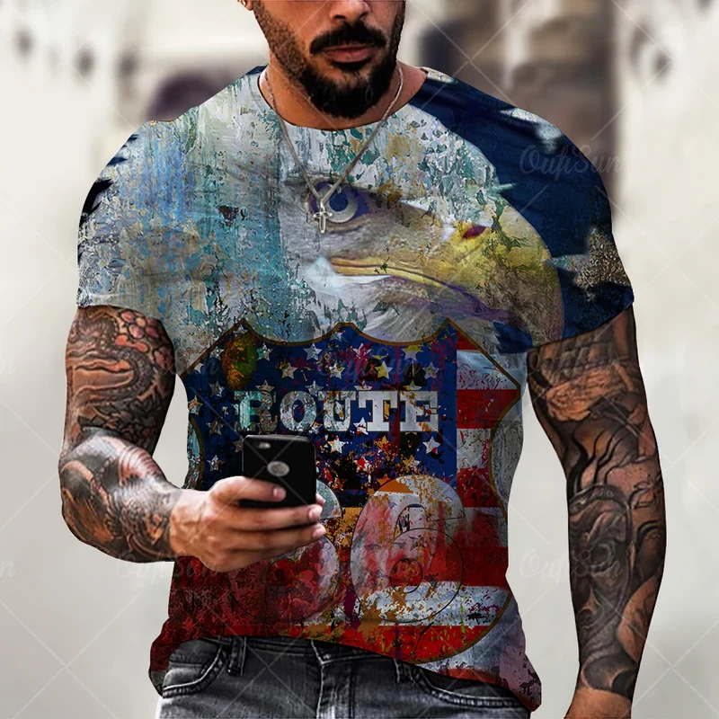 Herren Route 66 3D T-Shirt Rundhals Unisex Sommer Streetwear Men