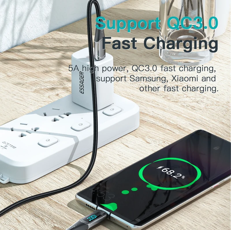 USB C Ladekabel 2M PD 100W 5A LED Anzeige Schnell Kabel Für Macbook Samsung