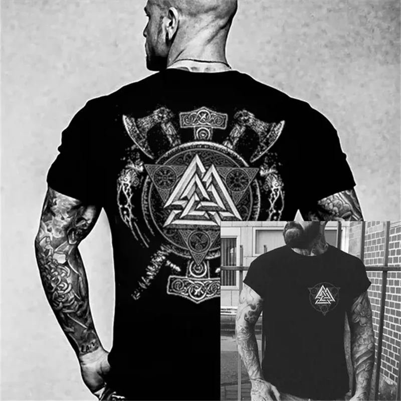 Herren Gym Fitness Vikings Tattoo 3D T-Shirt Rundhals Unisex Streetwear