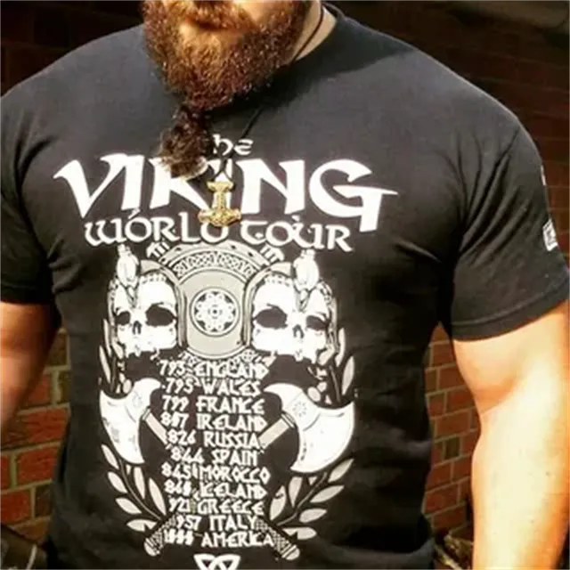 Herren Gym Fitness Vikings Tattoo 3D T-Shirt Rundhals Unisex Streetwear