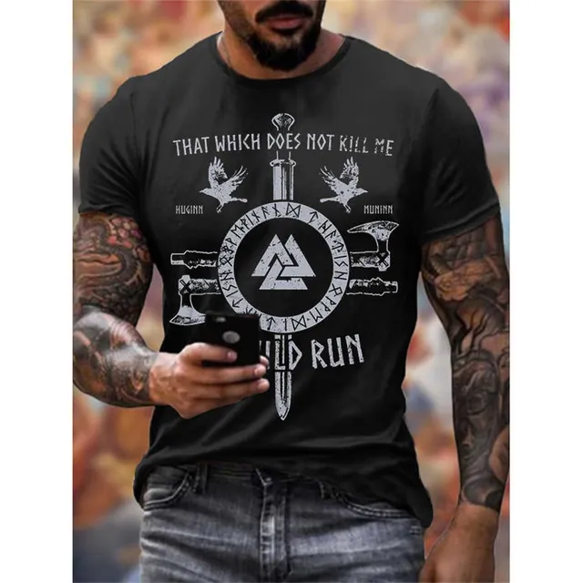 Herren Gym Fitness Vikings Tattoo 3D T-Shirt Rundhals Unisex Streetwear