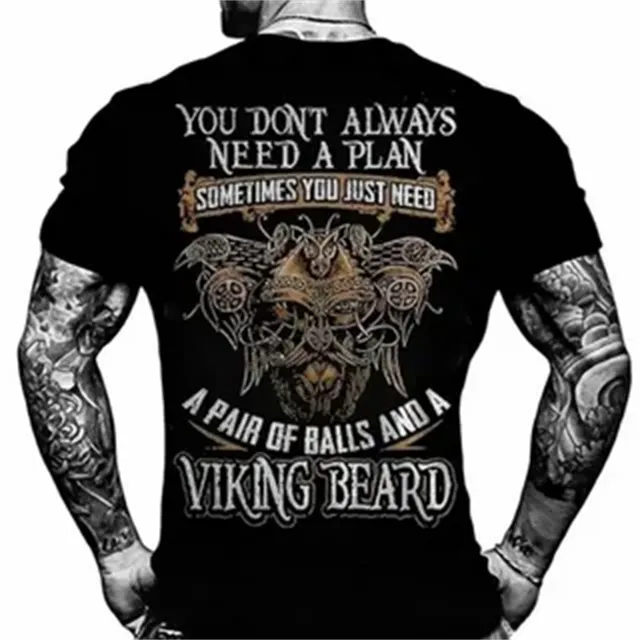 Herren Gym Fitness Vikings Tattoo 3D T-Shirt Rundhals Unisex Streetwear