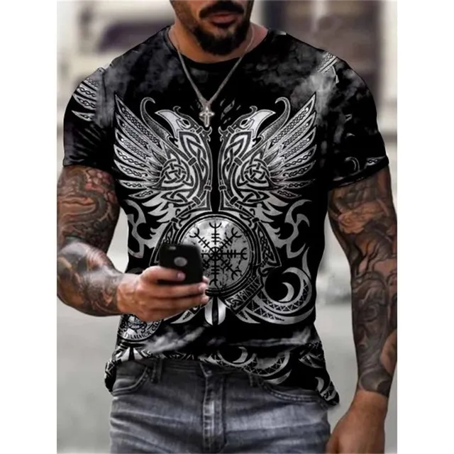 Herren Gym Fitness Vikings Tattoo 3D T-Shirt Rundhals Unisex Streetwear
