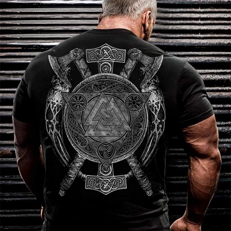 Herren Gym Fitness Vikings Tattoo 3D T-Shirt Rundhals Unisex Streetwear