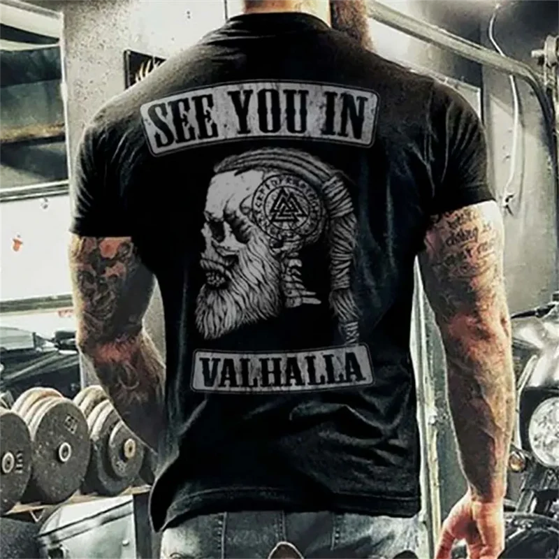 Herren Gym Fitness Vikings Tattoo 3D T-Shirt Rundhals Unisex Streetwear