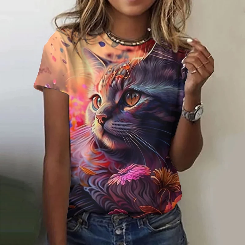 Damen Sommer Top 3D Katzen T-Shirt Rundhals Streetwear lockeres Damentop