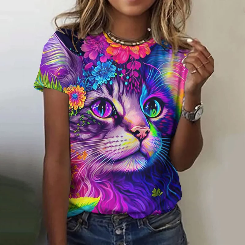 Damen Sommer Top 3D Katzen T-Shirt Rundhals Streetwear lockeres Damentop