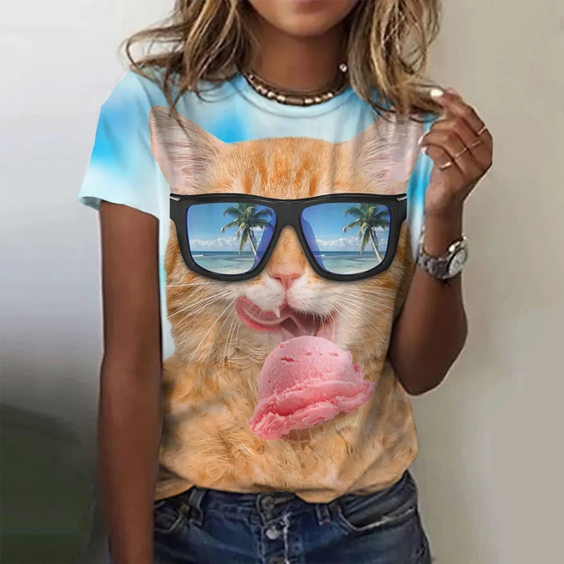 Damen Sommer Top 3D Katzen T-Shirt Rundhals Streetwear lockeres Damentop